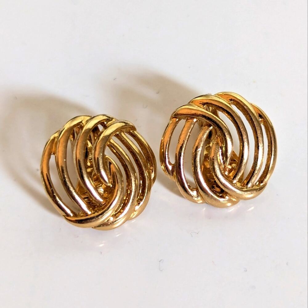 Vintage Monet Rich Gold Tone Open Work Geometric Classic Clip On Earrings